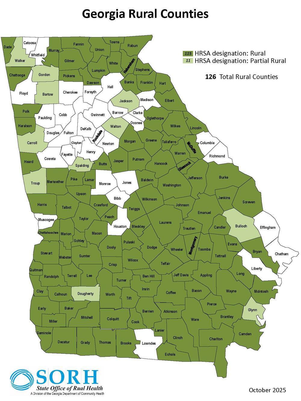 Map of Georgia counties, visually identifying 126 rural counties.